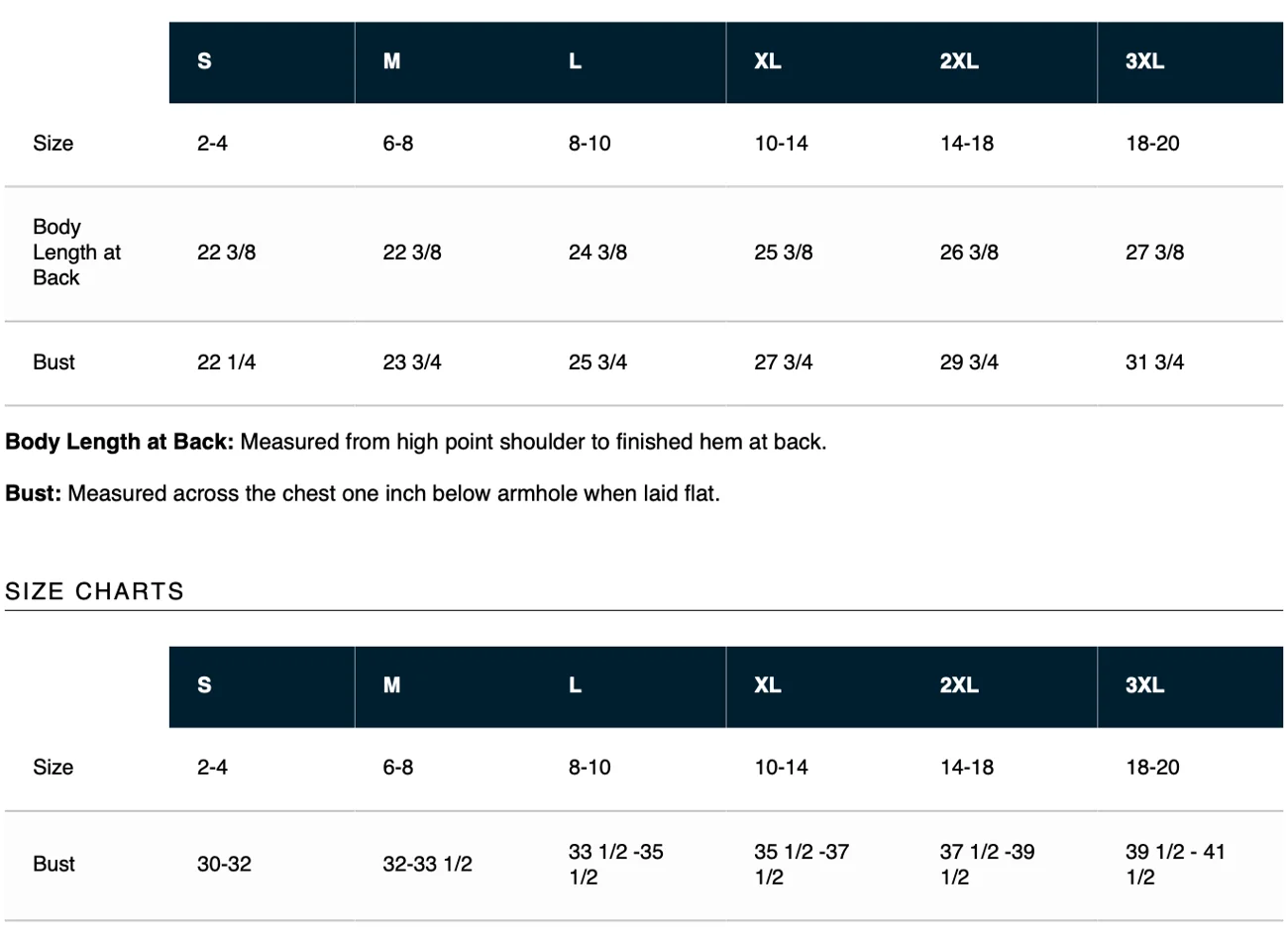 BC4540 size chart